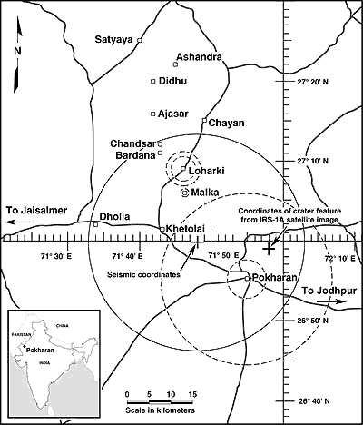   The different places where the May 18, 1974 Indian nuclear test may have occurred.  